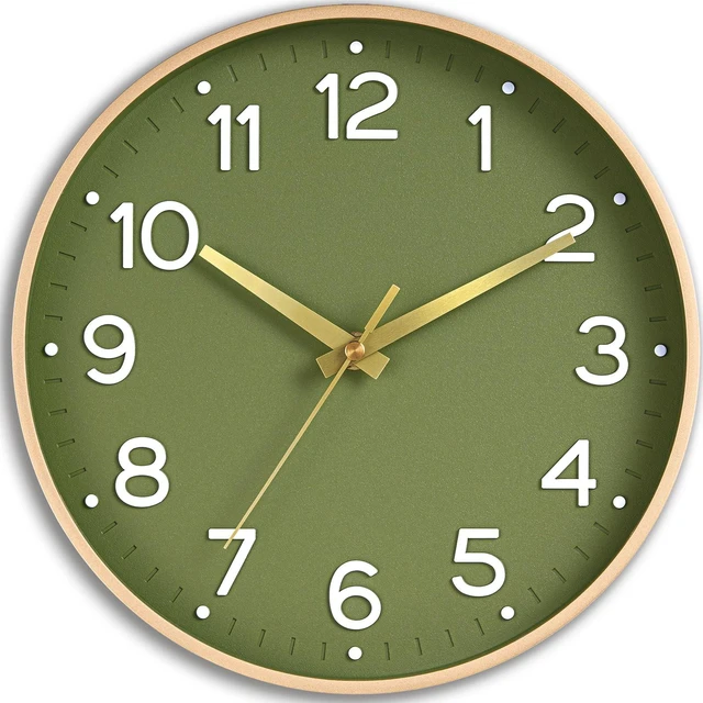 Main image of 8 Inch Wall Clock, Battery Operated Silent Non Ticking Green Analog | Green & gold modern analog; large 3D easy-read dial for kitchen, office, bathroom & bedroom; 1 AA battery (not included)