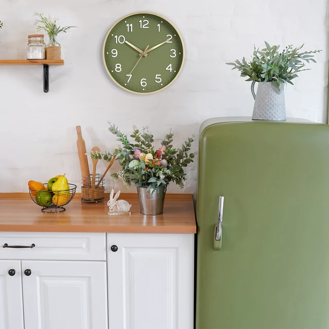 Alt view image 3 of 7 - 8 Inch Wall Clock, Battery Operated Silent Non Ticking Green Analog | Green & gold modern analog; large 3D easy-read dial for kitchen, office, bathroom & bedroom; 1 AA battery (not included)