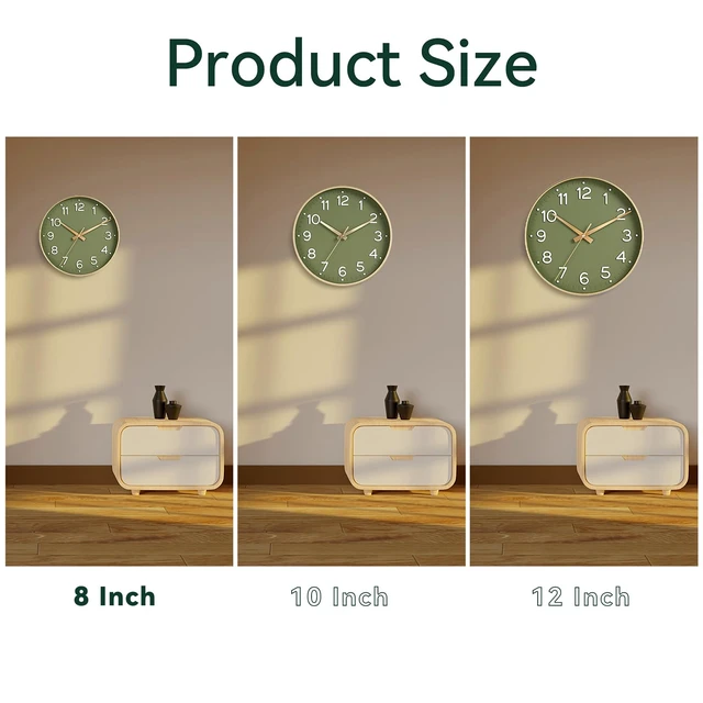 Alt view image 2 of 7 - 8 Inch Wall Clock, Battery Operated Silent Non Ticking Green Analog | Green & gold modern analog; large 3D easy-read dial for kitchen, office, bathroom & bedroom; 1 AA battery (not included)