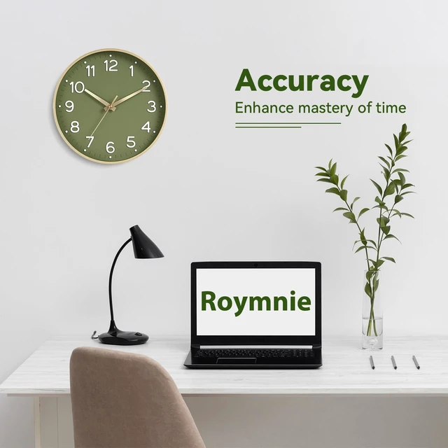 Alt view image 4 of 7 - 8 Inch Wall Clock, Battery Operated Silent Non Ticking Green Analog | Green & gold modern analog; large 3D easy-read dial for kitchen, office, bathroom & bedroom; 1 AA battery (not included)