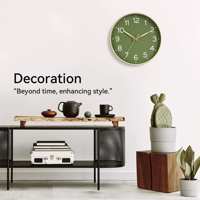 Alt view image 7 of 7 - 8 Inch Wall Clock, Battery Operated Silent Non Ticking Green Analog | Green & gold modern analog; large 3D easy-read dial for kitchen, office, bathroom & bedroom; 1 AA battery (not included)