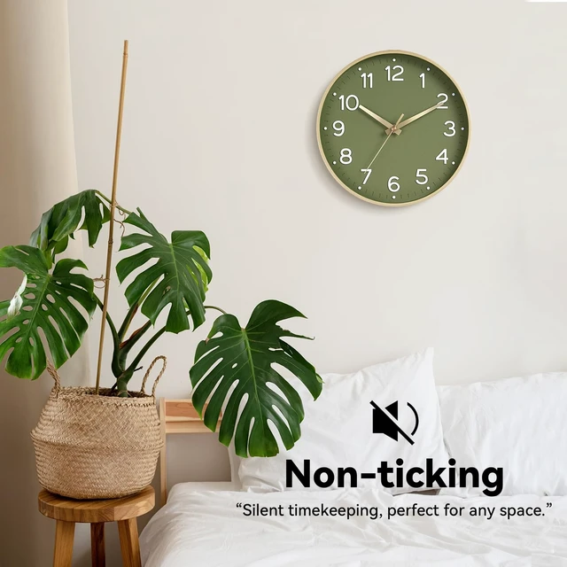 Alt view image 5 of 7 - 8 Inch Wall Clock, Battery Operated Silent Non Ticking Green Analog | Green & gold modern analog; large 3D easy-read dial for kitchen, office, bathroom & bedroom; 1 AA battery (not included)