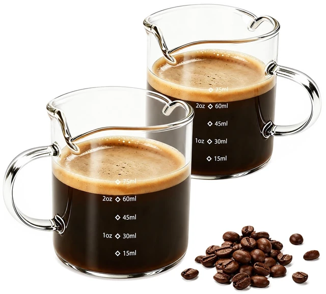 Main image of Espresso Cups Set of 2,4 OZ Double Spouts Cups, Shot Glasses, Measuring Cup with Scale Milk Cup with Handle, Clear Glass, Espresso Accessories for Machine