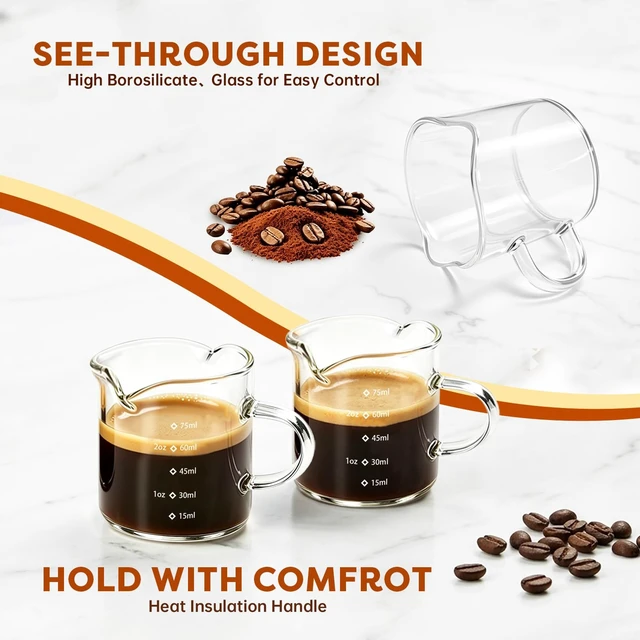 Alt view image 3 of 7 - Espresso Cups Set of 2,4 OZ Double Spouts Cups, Shot Glasses, Measuring Cup with Scale Milk Cup with Handle, Clear Glass, Espresso Accessories for Machine