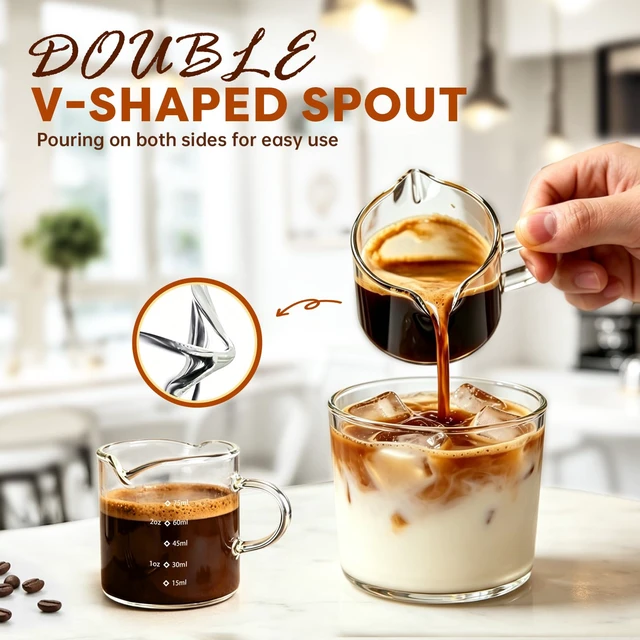 Alt view image 5 of 7 - Espresso Cups Set of 2,4 OZ Double Spouts Cups, Shot Glasses, Measuring Cup with Scale Milk Cup with Handle, Clear Glass, Espresso Accessories for Machine