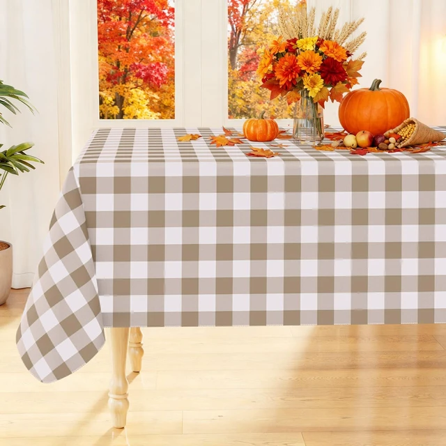 Main image of Picnic Table Cloth, Vinyl Tablecloths with Flannel Backing, 60"x84" | Waterproof Rectangle Table Cloth, Wipeable Buffalo Plaid Table Cover for Indoor and Outdoor (Khaki & White)