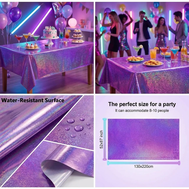 Alt view image 2 of 7 - Purple Birthday Decorations - 2 Pack Laser Purple Tablecloth for KStyle Demon Music Theme Birthday Decorations - Pink Party Decor for Korean Pop,Iridescent Party Decorations for Bridal Halloween