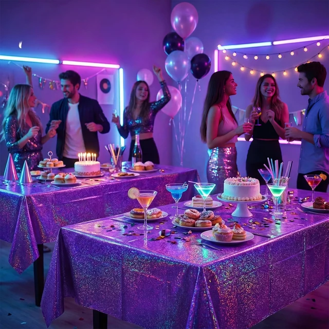 Alt view image 3 of 7 - Purple Birthday Decorations - 2 Pack Laser Purple Tablecloth for KStyle Demon Music Theme Birthday Decorations - Pink Party Decor for Korean Pop,Iridescent Party Decorations for Bridal Halloween