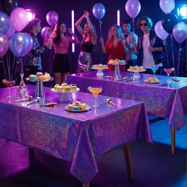Alt view image 4 of 7 - Purple Birthday Decorations - 2 Pack Laser Purple Tablecloth for KStyle Demon Music Theme Birthday Decorations - Pink Party Decor for Korean Pop,Iridescent Party Decorations for Bridal Halloween