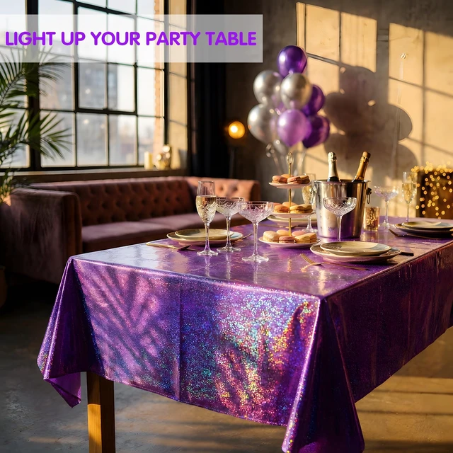 Alt view image 6 of 7 - Purple Birthday Decorations - 2 Pack Laser Purple Tablecloth for KStyle Demon Music Theme Birthday Decorations - Pink Party Decor for Korean Pop,Iridescent Party Decorations for Bridal Halloween