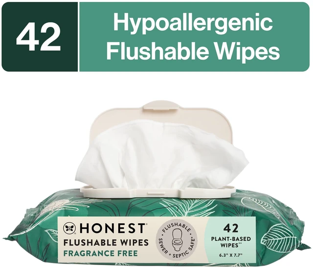 Main image of The Honest Company Flushable Wipes for Adults, Fragrance Free Hypoallergenic, Tropical Leaves, 42 Count