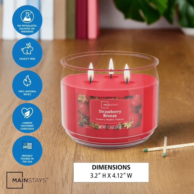 Alt view image 2 of 6 - Mainstays 3-Wick Scented Glass Jar Candle, Strawberry Breeze, 11.5 oz