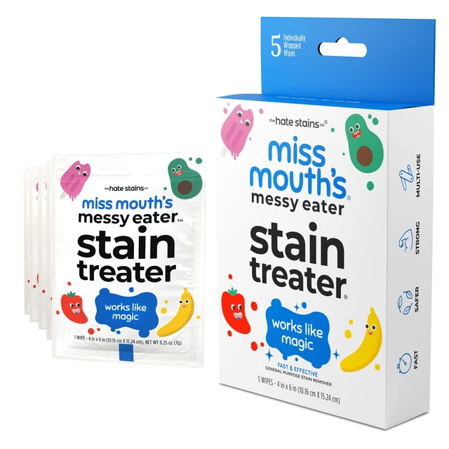 Alt view image 3 of 5 - Miss Mouth's Messy Eater Stain Treater Wipes, 5 Pack, Stain Remover for Food, Grease, Coffee, Gentle on Laundry, Fabric & Underwear