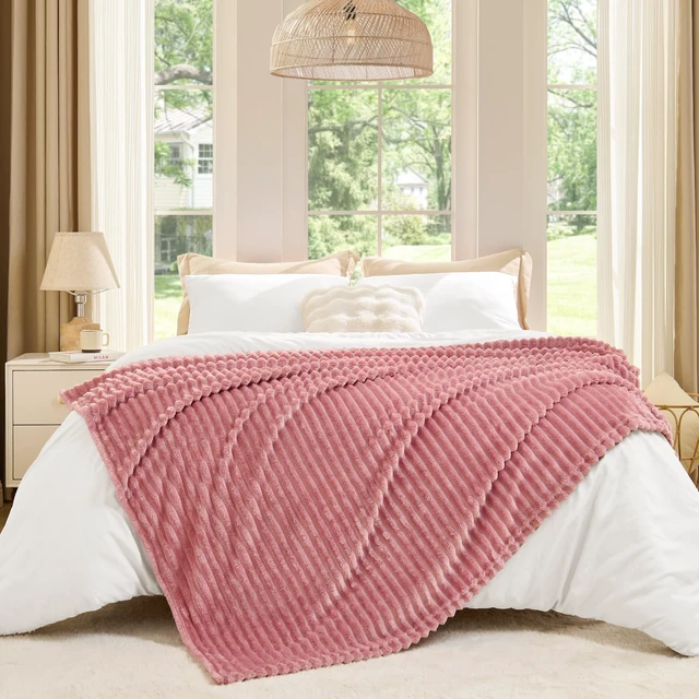 Alt view image 5 of 6 - BEDELITE 3D Ribbed Jacquard Fleece Throw Blanket Pink 50x60 Inch