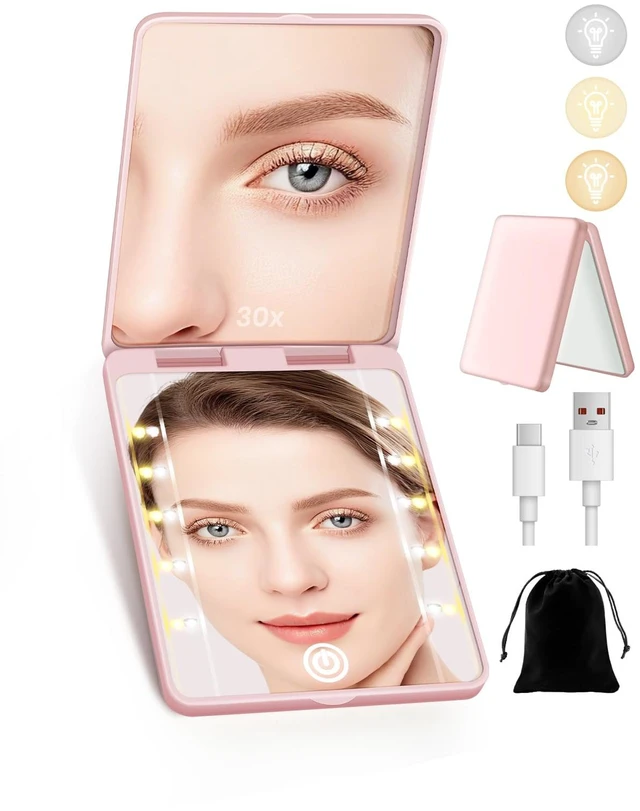 Main image of Compact Rechargeable Magnifying Makeup Mirror With Light, 30X, Pink