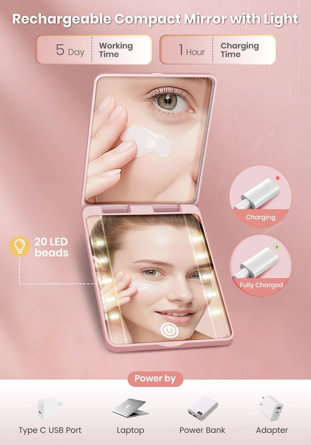 Alt view image 6 of 6 - Compact Rechargeable Magnifying Makeup Mirror With Light, 30X, Pink