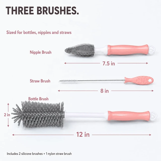Alt view image 6 of 6 - Silicone Bottle Brush Set, 12" Long Handle, Nipple and Straw Brushes