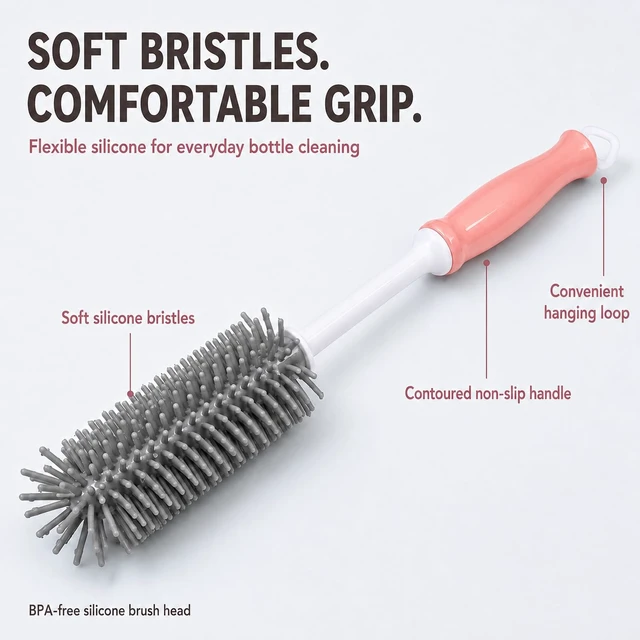 Alt view image 2 of 6 - Silicone Bottle Brush Set, 12" Long Handle, Nipple and Straw Brushes
