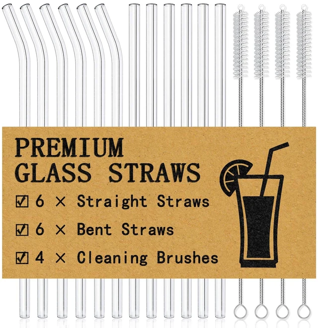 Main image of Piteno 12-Piece Glass Straw Set with 4 Cleaning Brushes, 8.5 x 10 mm, 6 Straight and 6 Bent, for Smoothies Milkshakes Juice Tea