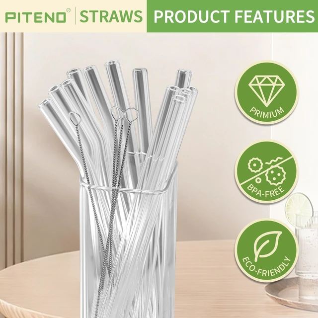 Alt view image 4 of 7 - Piteno 12-Piece Glass Straw Set with 4 Cleaning Brushes, 8.5 x 10 mm, 6 Straight and 6 Bent, for Smoothies Milkshakes Juice Tea