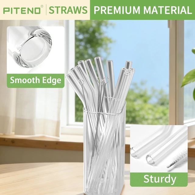 Alt view image 7 of 7 - Piteno 12-Piece Glass Straw Set with 4 Cleaning Brushes, 8.5 x 10 mm, 6 Straight and 6 Bent, for Smoothies Milkshakes Juice Tea