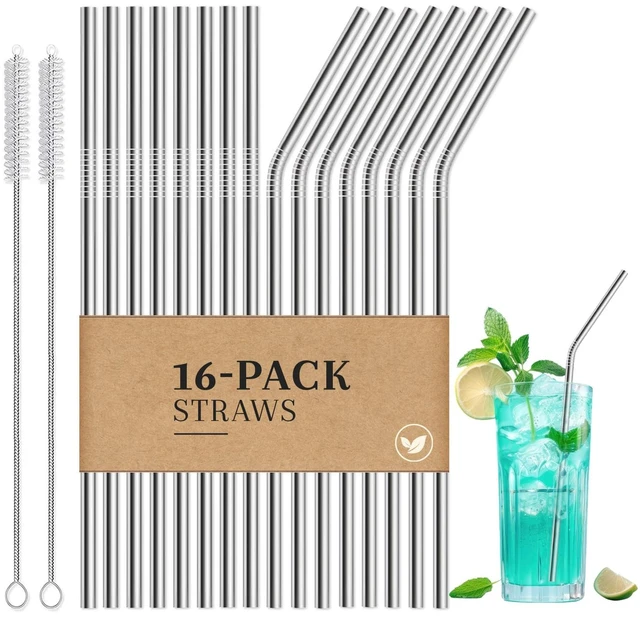 Main image of Reusable Stainless Steel Straws Set, 16 Pack, Silver, with 2 Brushes
