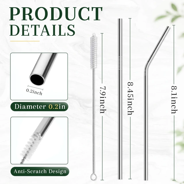 Alt view image 5 of 7 - Reusable Stainless Steel Straws Set, 16 Pack, Silver, with 2 Brushes