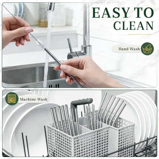 Alt view image 6 of 7 - Reusable Stainless Steel Straws Set, 16 Pack, Silver, with 2 Brushes