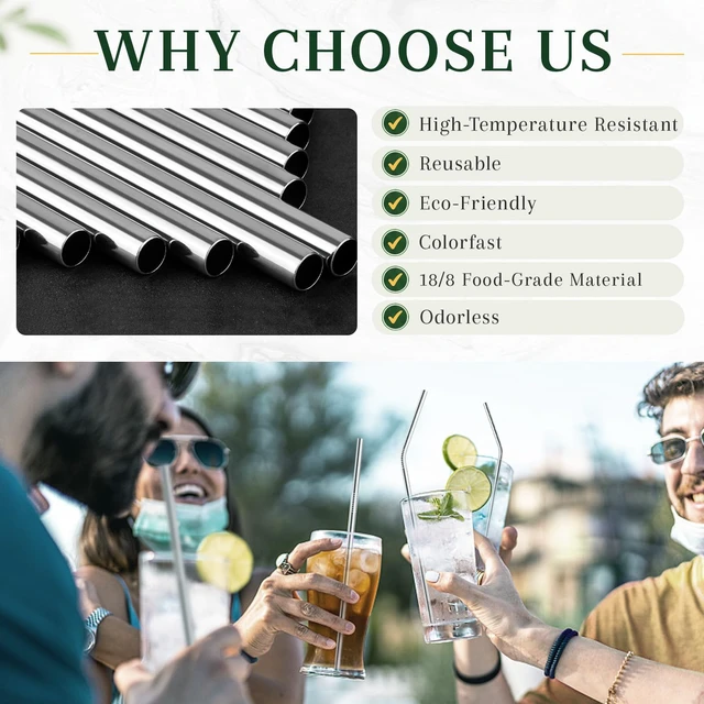 Alt view image 4 of 7 - Reusable Stainless Steel Straws Set, 16 Pack, Silver, with 2 Brushes