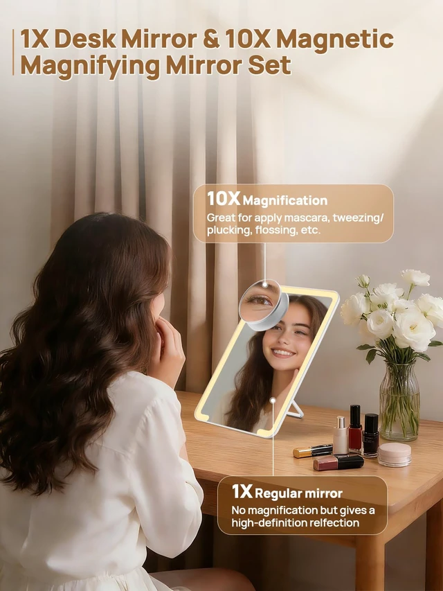 Alt view image 3 of 6 - OMIRO 8x5in Makeup Mirror with Lights and 10X Magnetic Magnifier, White
