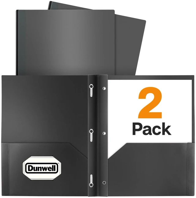 Main image of Dunwell Plastic 2-Pocket Folders with 3 Prongs, 2 Pack, Black, Poly