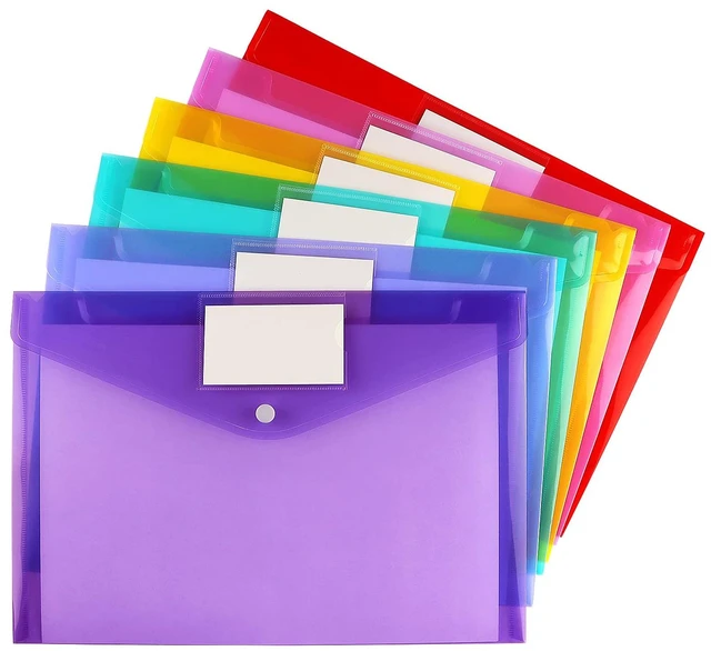 Main image of 6 Pack Clear Document Folders Plastic Envelopes, A4 Size, 6 Colors