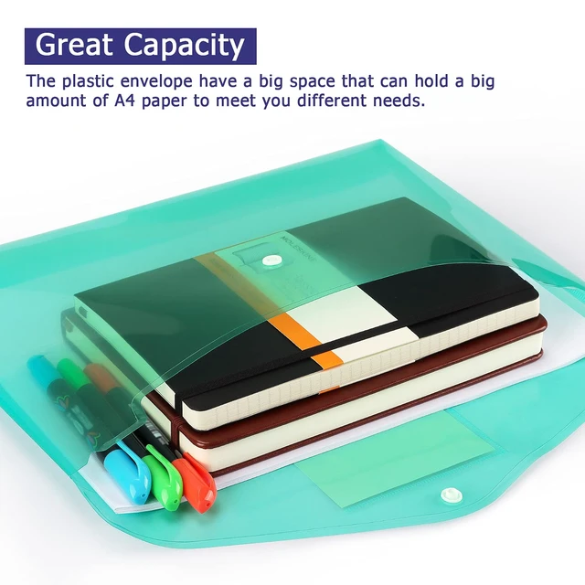 Alt view image 4 of 7 - 6 Pack Clear Document Folders Plastic Envelopes, A4 Size, 6 Colors