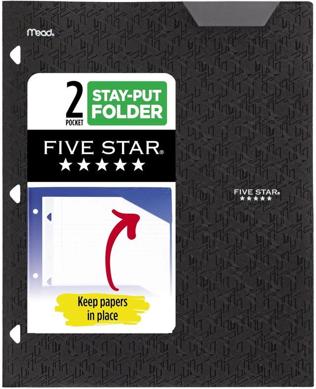 Main image of Five Star 333420G-ECM 2-Pocket Plastic Folder with Stay-Put Tabs, Fits 3-Ring Binder, Holds 8.5" x 11" Paper, Black