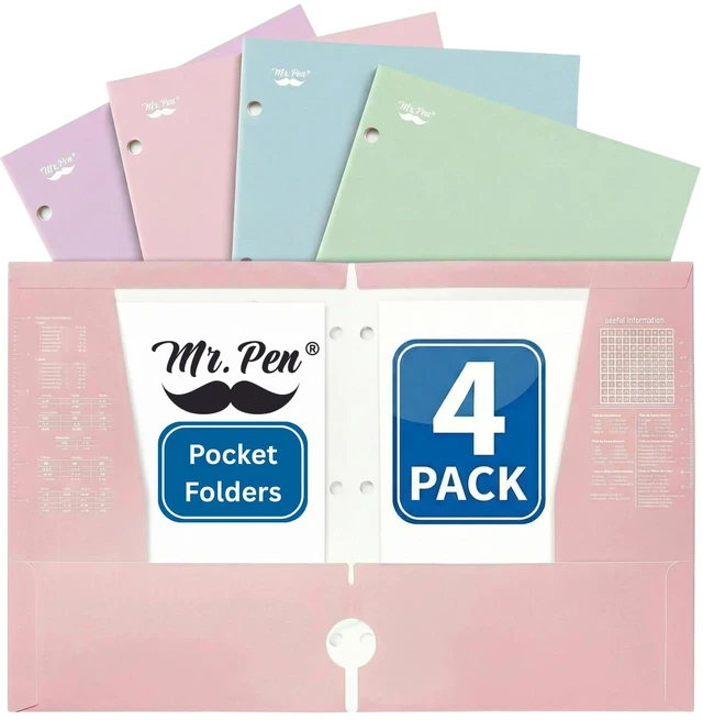 Main image of Mr. Pen 4-Pocket Folders 4 Pack, 12.5"x9.5", Pastel Colors, Tear-Resistant Paper, 3-Hole Punched, High Capacity