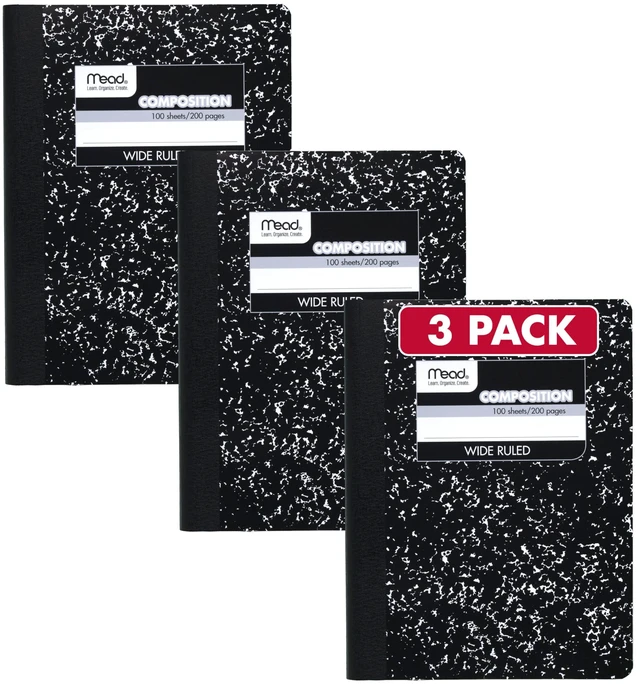 Main image of Mead Composition Notebook, Wide Ruled, 7.5" x 9.75", 100 Sheets, Black Marble, 3 Pack (38301)