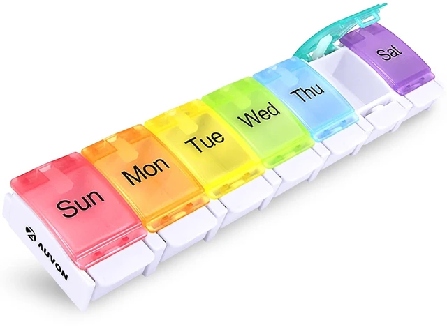 Main image of AUVON Arthritis Friendly Weekly Pill Organizer, BPA Free 7-Day Travel Pill Box with Spring Open Design and Large Compartment for Vitamins, Supplements, Medication