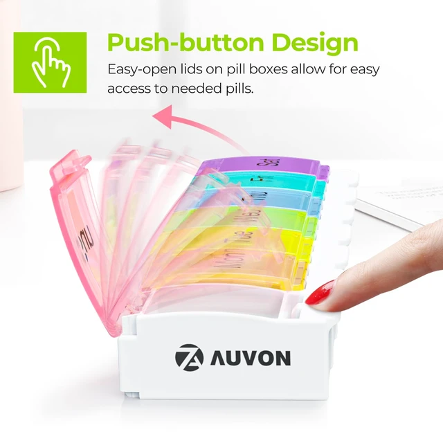 Alt view image 3 of 6 - AUVON Arthritis Friendly Weekly Pill Organizer, BPA Free 7-Day Travel Pill Box with Spring Open Design and Large Compartment for Vitamins, Supplements, Medication