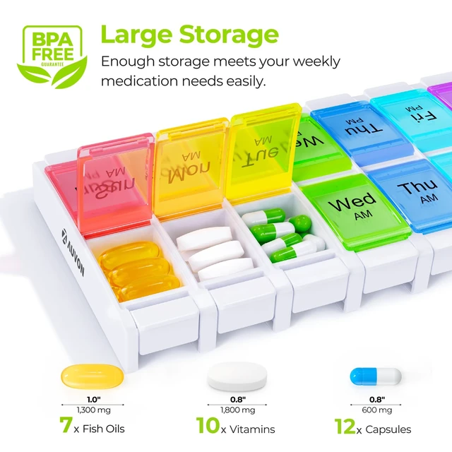 Alt view image 4 of 6 - AUVON Arthritis Friendly Weekly Pill Organizer, BPA Free 7-Day Travel Pill Box with Spring Open Design and Large Compartment for Vitamins, Supplements, Medication