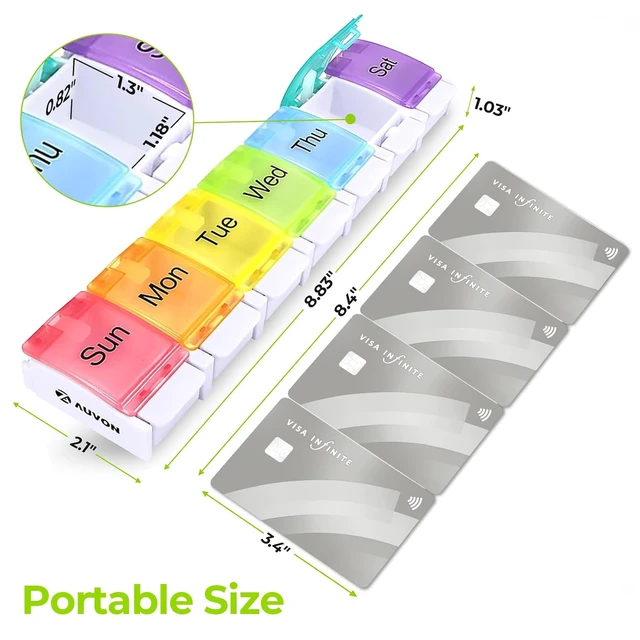 Alt view image 6 of 6 - AUVON Arthritis Friendly Weekly Pill Organizer, BPA Free 7-Day Travel Pill Box with Spring Open Design and Large Compartment for Vitamins, Supplements, Medication