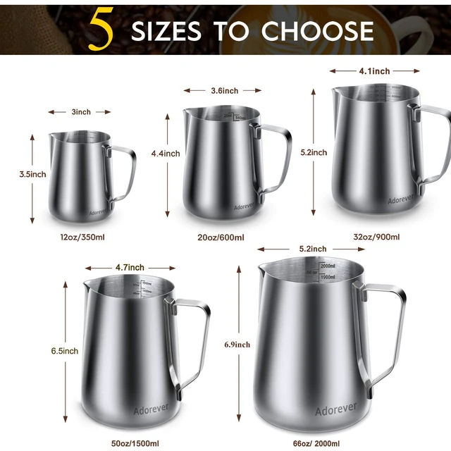 Alt view image 6 of 6 - Milk Frothing Pitcher, 8.5oz/12oz/20oz/32oz/50oz/66oz, Stainless Steel Espresso Milk Steaming Pitcher for Coffee Cappuccino Latte Art, Barista Milk Jug with Art Pen