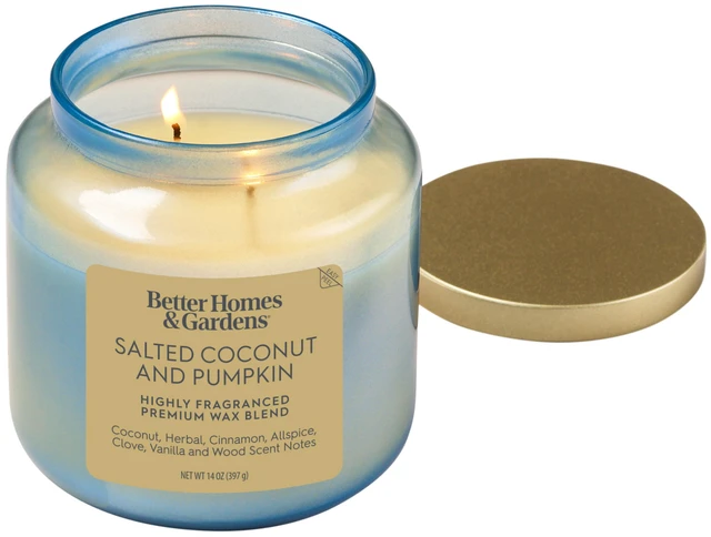 Main image of Better Homes & Gardens 2-Wick Salted Coconut & Pumpkin Candle, 14oz Iridescent Glass Jar