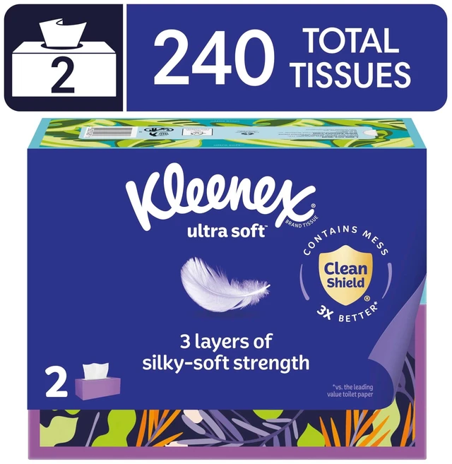 Main image of Kleenex Ultra Soft Facial Tissues, 3-Ply, 2 Flat Boxes, 120 Tissues per Box