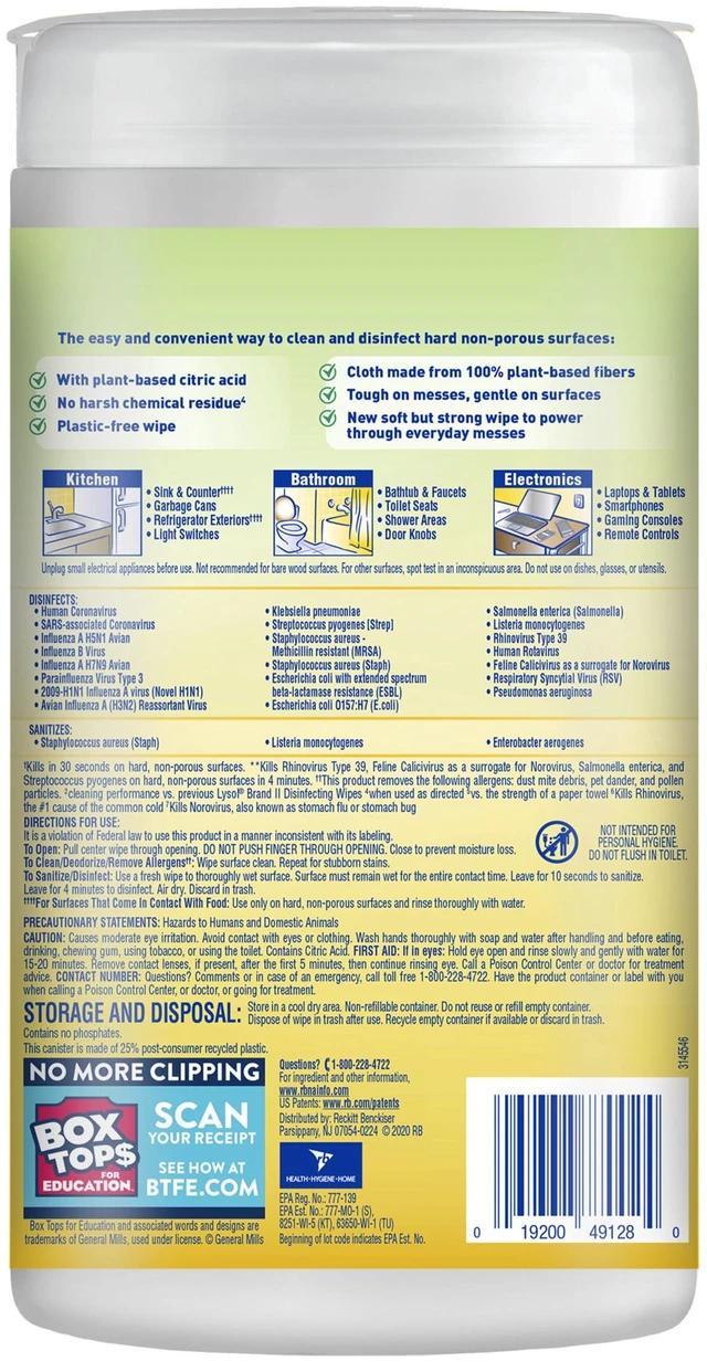 Alt view image 4 of 5 - Lysol Disinfectant Wipes, Plant Based Multi-Surface Cleaning, Fresh Citrus, 70 Count