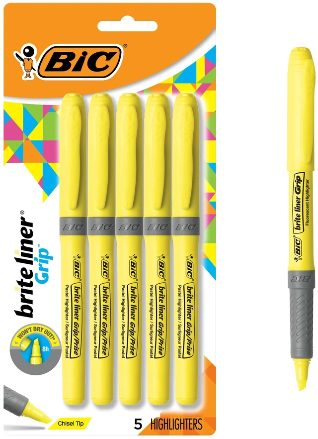 Main image of BIC Brite Liner Grip Highlighters, Chisel Tip, Yellow, 5-Count Pack