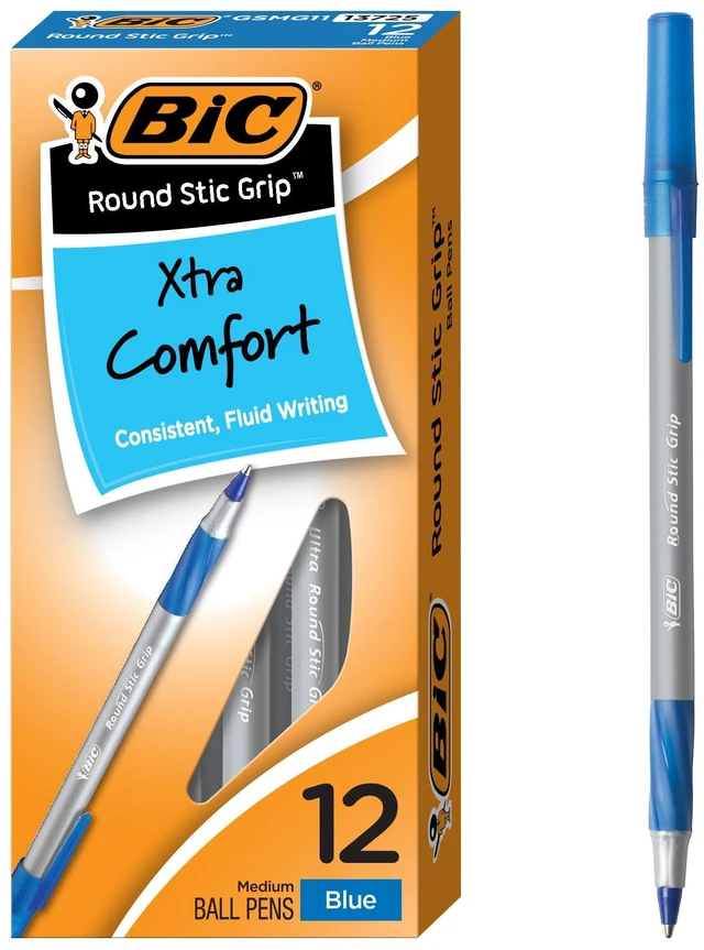 Main image of BIC Round Stic Grip Xtra Comfort Ballpoint Pen, Blue Ink, 12-Count