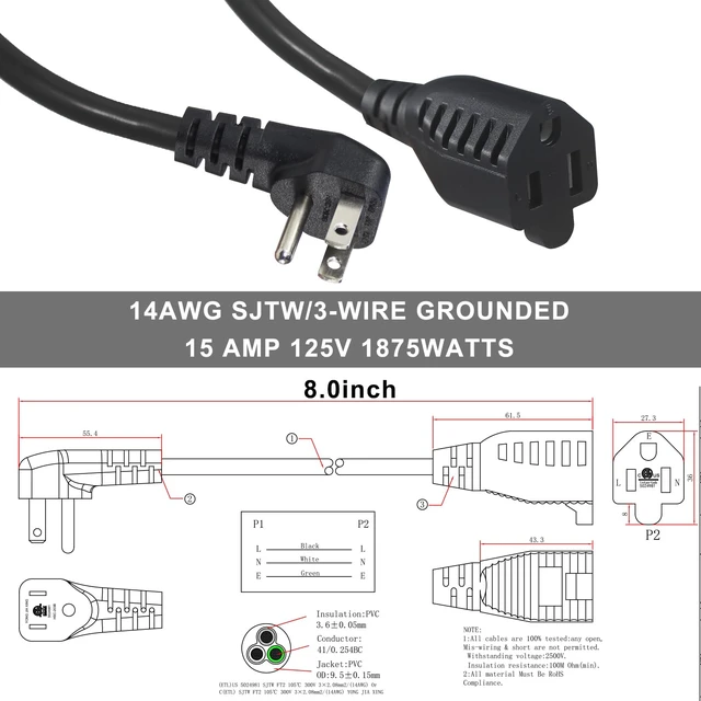 Alt view image 5 of 7 - 6-Inch 14AWG/3C SJTW Heavy Duty Power Extension Cord, 90-Degree Flat Plug, 15A 125V 1875W NEMA 5-15P to 5-15R, Black 1-Pack
