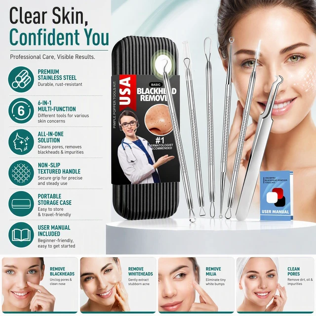 Alt view image 5 of 6 - Cbiumpro 6 Pack Blackhead Remover Tools, Pimple Popper Tool Kit