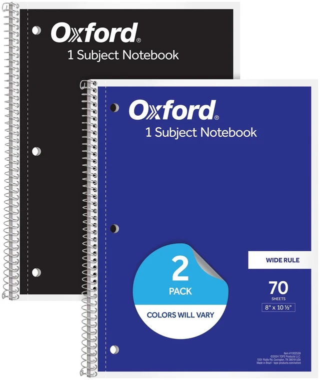 Main image of Oxford 1002539 Spiral Notebooks, 2 Pack, 1 Subject, Wide Ruled, 8x10.5Inches, 70Sheets, Assorted Colors