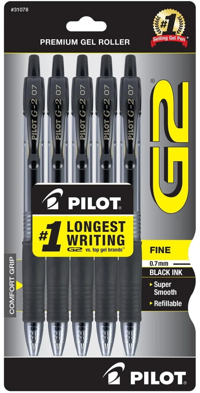 Main image of Pilot G2 Retractable Gel Ink Pens, Fine Point, 0.7mm. Black Ink, 5 Pack